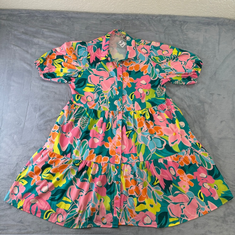 Womens XL Floral Tiered Mini Shirt Dress Short Puff Sleeve Button Front Colorful